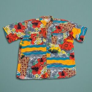 Vintage Gottex Men's Hawaiian Shirt Large Tropical Floral Fish Cotton Button Up